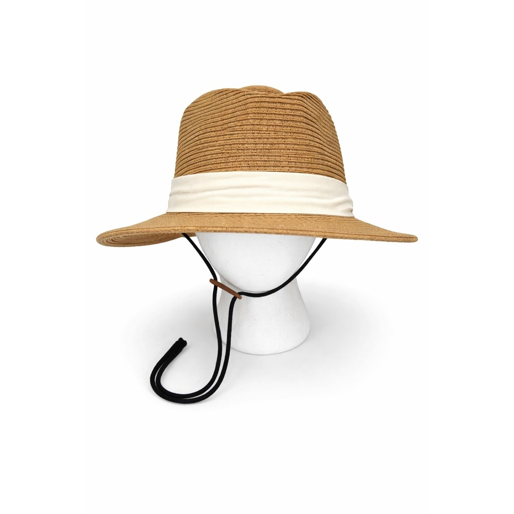 FURTALK Straw Fedora Hat Wide Brim Tan Sun Hat Size M/L Cream Band Chin Strap